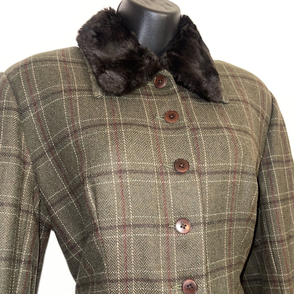 Banana Republic Green Plaid Jacket with Brown Faux Fur Collar